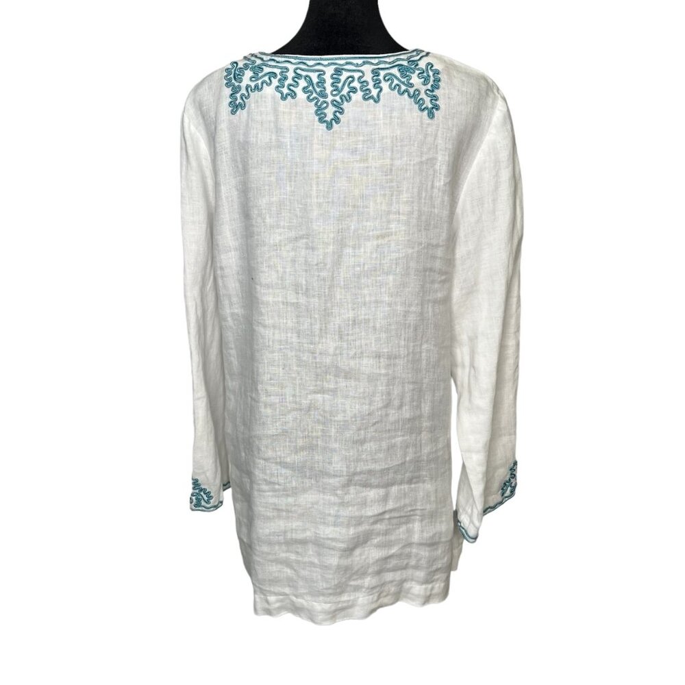 Madison Size XL Linen White Embroidered Trim Tunic Teal Split Neck Long Sleeve - Picture 3 of 8